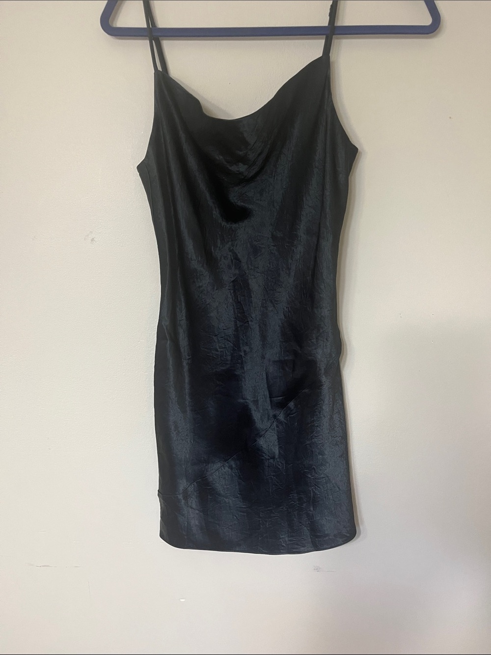 Satin Slip Dress with Cowl Neck - Black